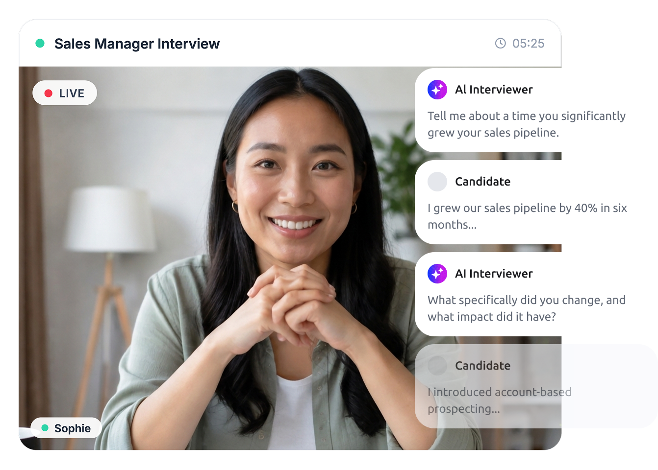 AI interview interface showing a candidate and dynamic follow-up questions generated by AI.