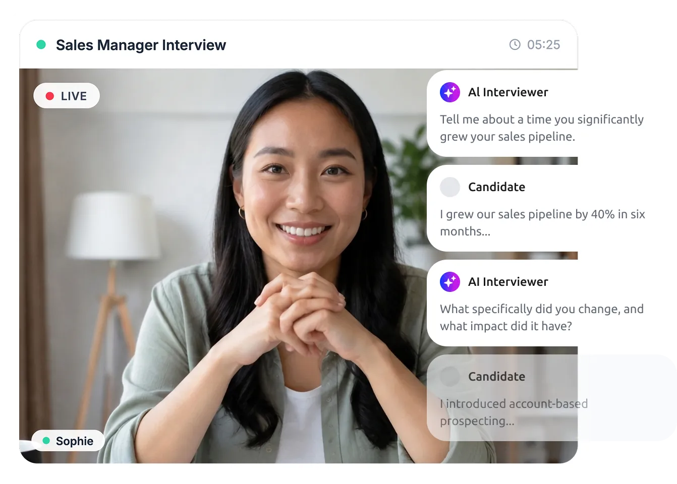 AI interview interface showing a candidate and dynamic follow-up questions generated by AI.