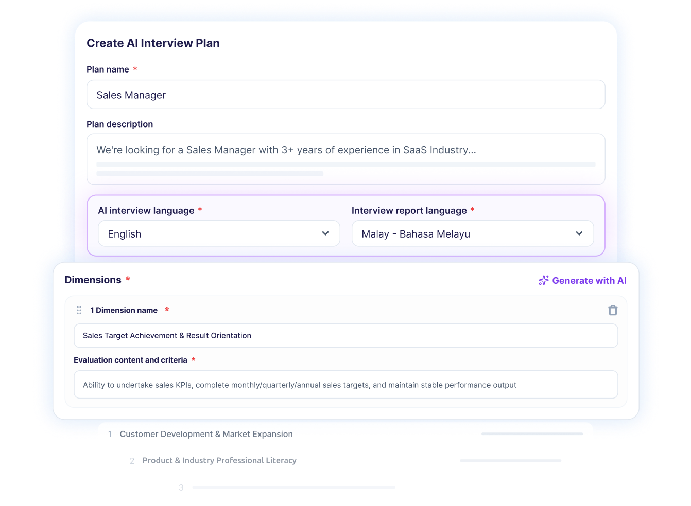 Moka AI generates the interview plan with competencies, criteria, and candidate-specific questions