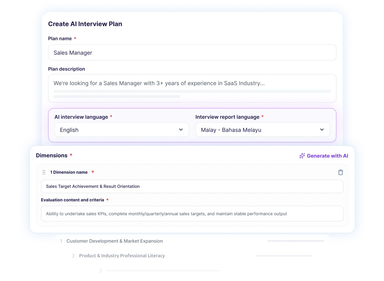 Moka AI generates the interview plan with competencies, criteria, and candidate-specific questions