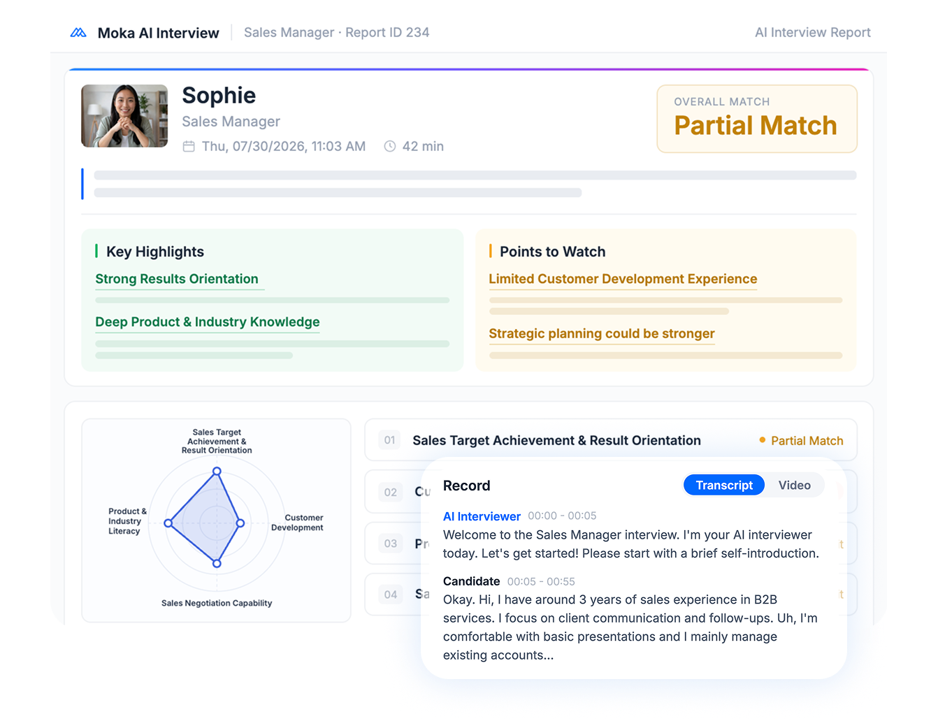 Structured AI interview report with competency scores, supporting evidence, video recording, and transcript