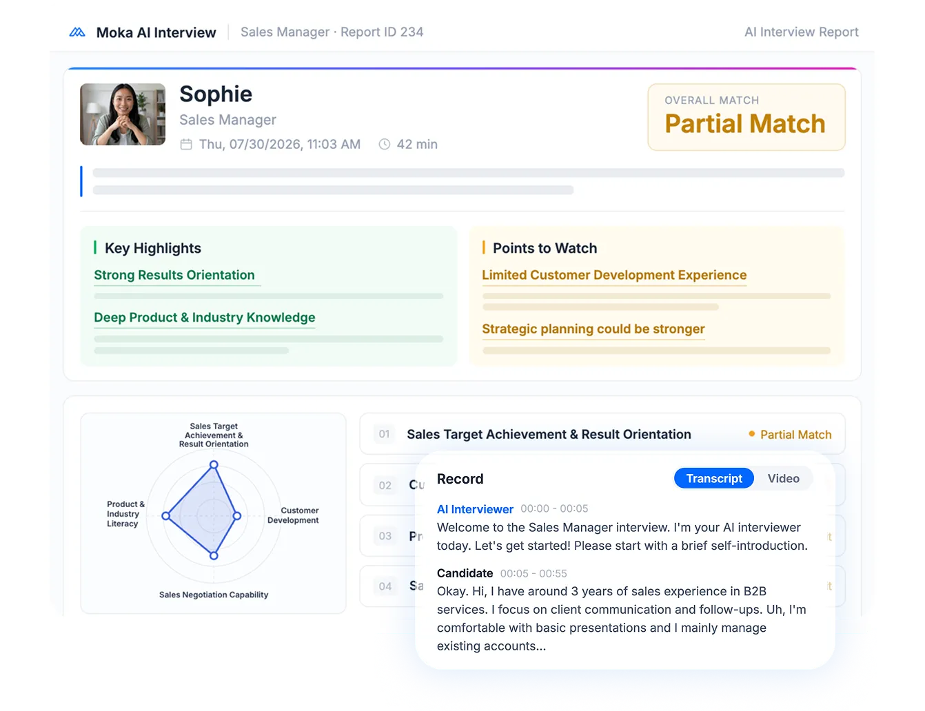Structured AI interview report with competency scores, supporting evidence, video recording, and transcript