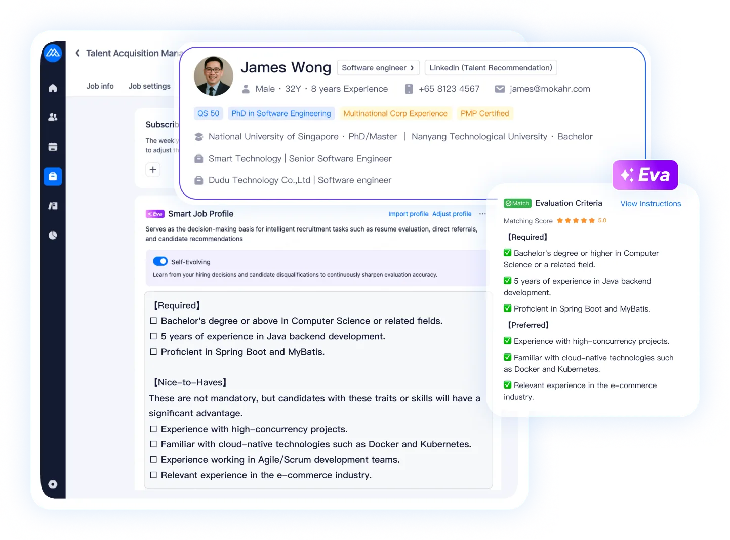 Moka Eva screens and matches candidates against your Smart Job Profile with multi-dimensional weighting