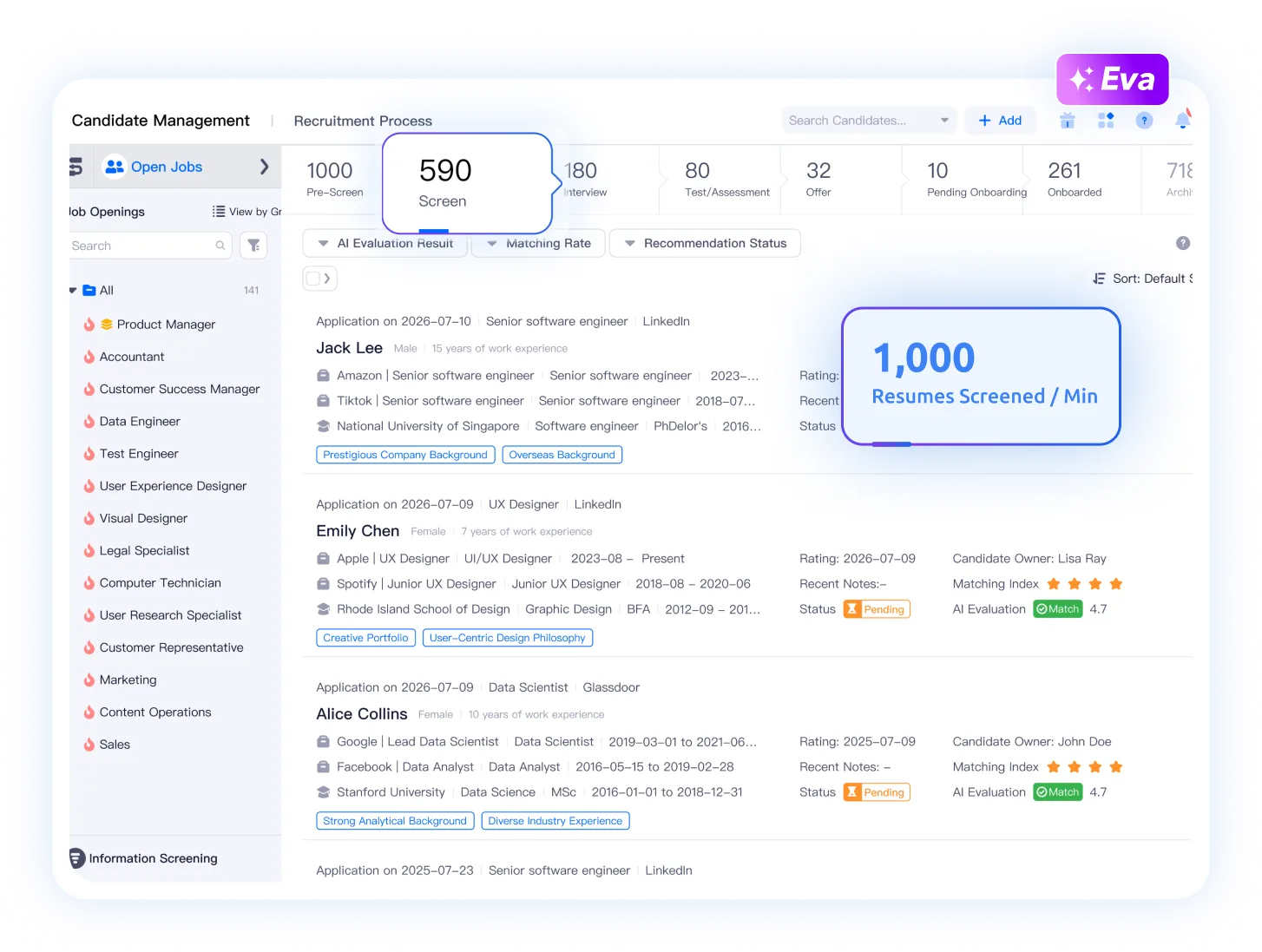 Ranked shortlist of bulk-screened resumes automatically scored by Moka Eva