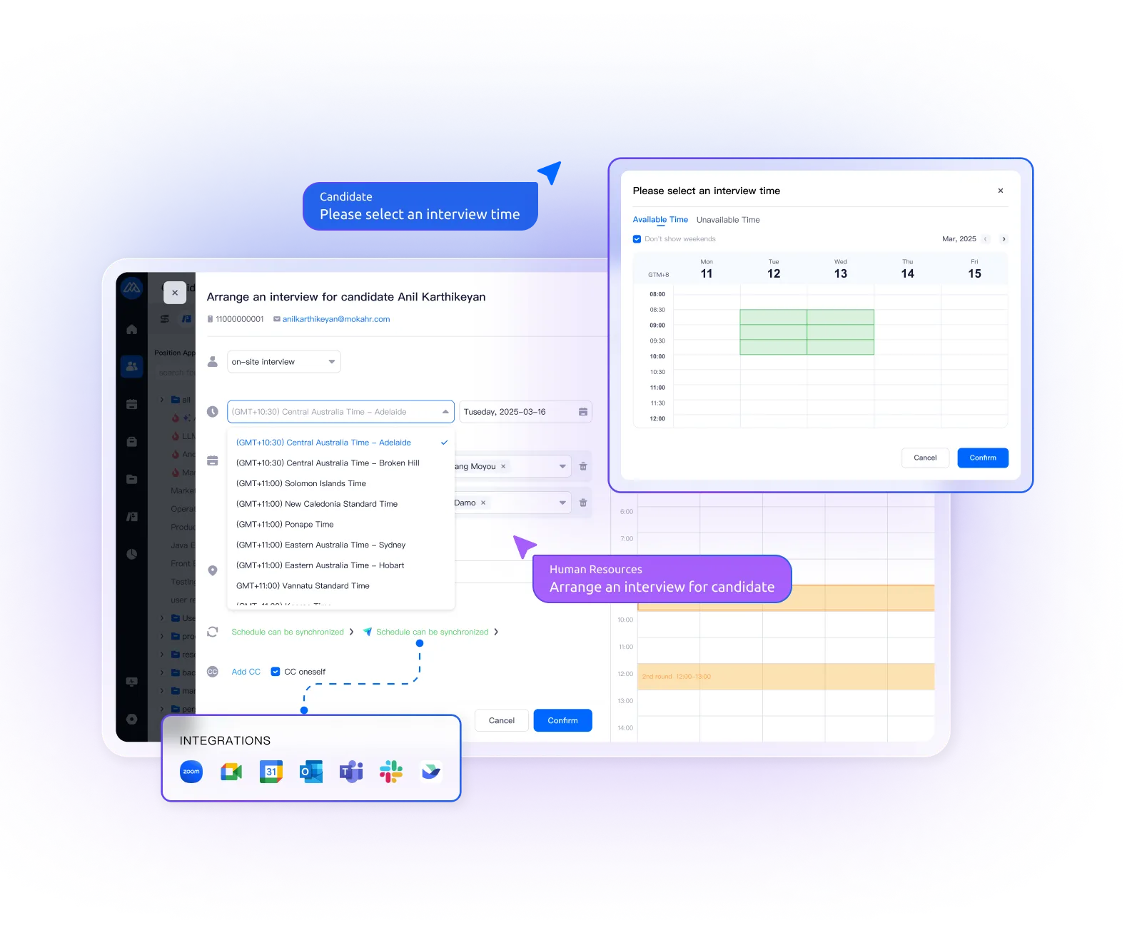 Moka Eva cross-timezone interview scheduling with AI-generated interview summaries