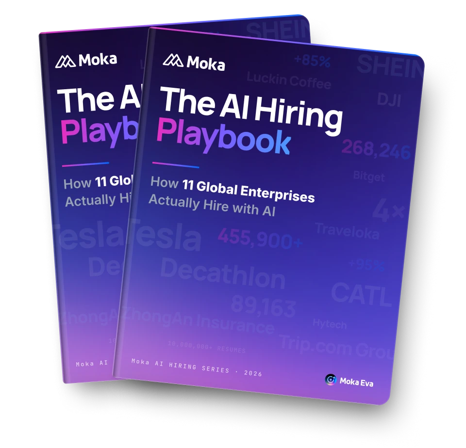 The AI Hiring Playbook 2026 ebook cover by Moka AI, shown as a 3D book mockup