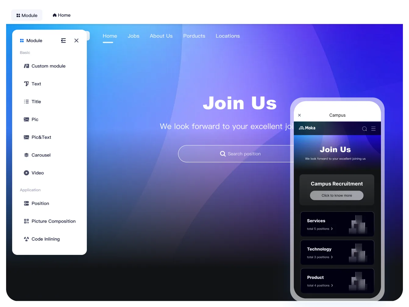 Moka ATS career site builder interface.