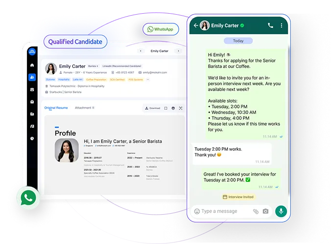 Moka streamlines the hiring pipeline with AI screening, AI interviews, and WhatsApp agent.