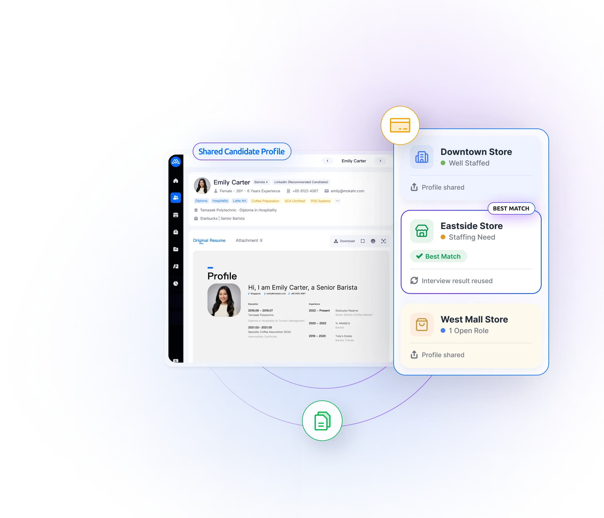 Moka enables cross-store talent sharing to match qualified candidates across stores.