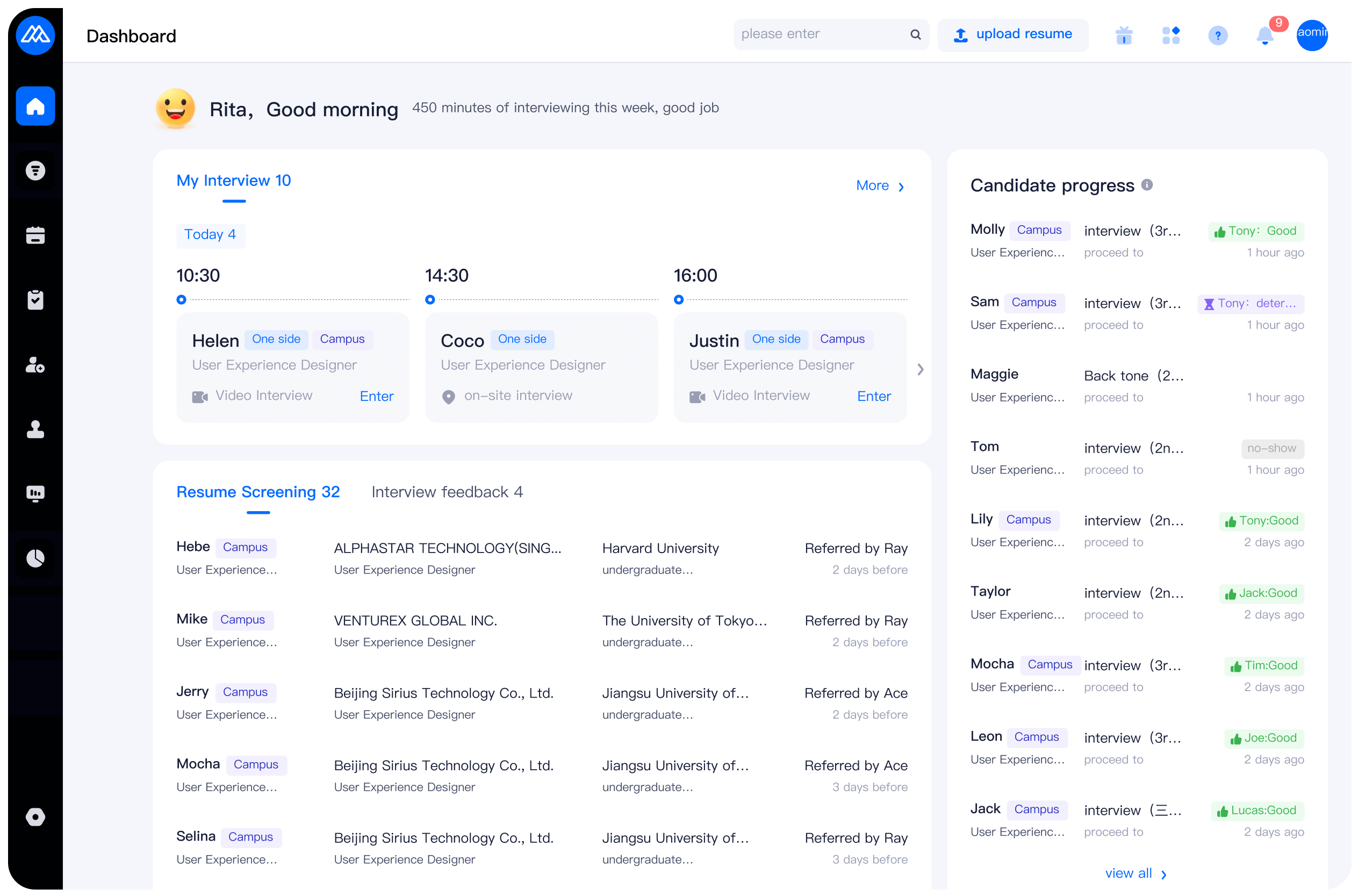 MokaHR Dashboard showing main workspace features